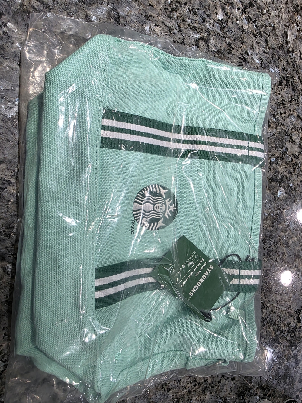 Starbucks Mint Green Tote with Dark Green and White Stripes